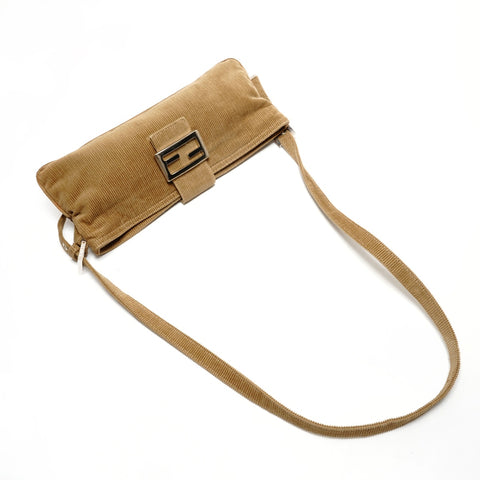 FENDI FF logo corduroy Metal Silver Shoulder Bag beige WS26381
