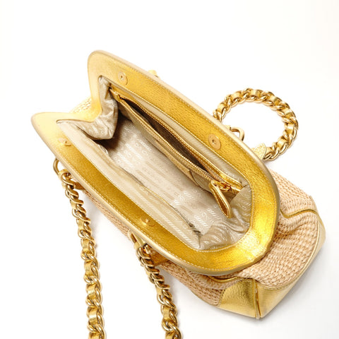 PRADA Raffia basket bag with leather chain shoulder Shoulder Bag gold WS26382