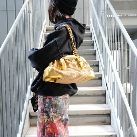 PRADA Raffia basket bag with leather chain shoulder Shoulder Bag gold WS26382