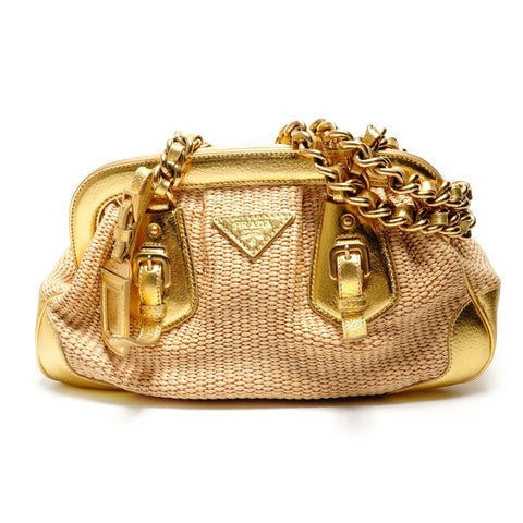 PRADA Raffia basket bag with leather chain shoulder Shoulder Bag gold WS26382