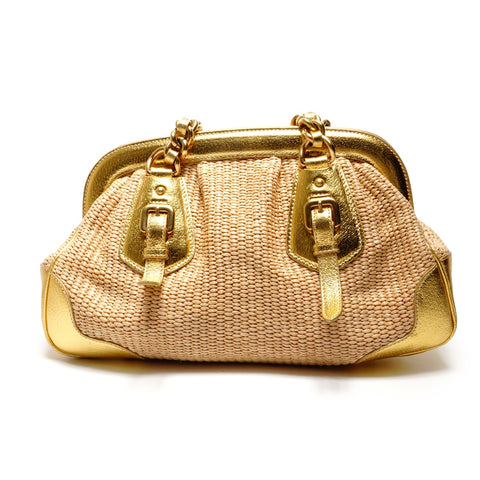 PRADA Raffia basket bag with leather chain shoulder Shoulder Bag gold WS26382
