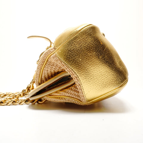 PRADA Raffia basket bag with leather chain shoulder Shoulder Bag gold WS26382