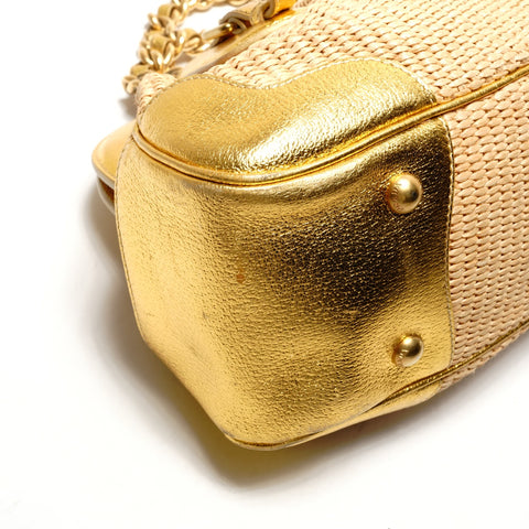 PRADA Raffia basket bag with leather chain shoulder Shoulder Bag gold WS26382