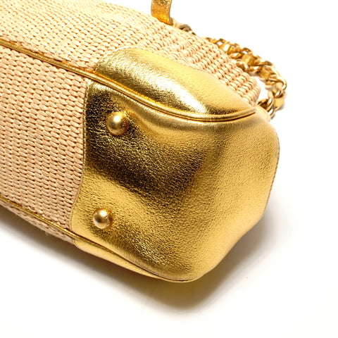 PRADA Raffia basket bag with leather chain shoulder Shoulder Bag gold WS26382