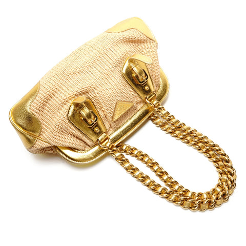 PRADA Raffia basket bag with leather chain shoulder Shoulder Bag gold WS26382
