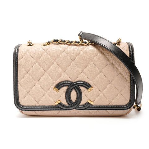 CHANEL No. 24 2017-2018 CC Filigree Caviar Skin Two-tone Shoulder Bag beige WS26396