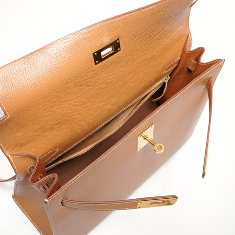 HERMES 2020 Kelly 32 OY Stamp Gold Courchevel Handbag Brown WS26404