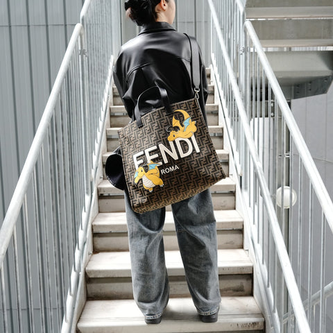 FENDI Pokmon Collaboration Dragonite Zucca Pattern Canvas Tote Bag Brown WS26421