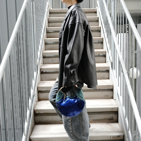 GUCCI Sequined hobo bag with buckle design Handbag blue WS26428
