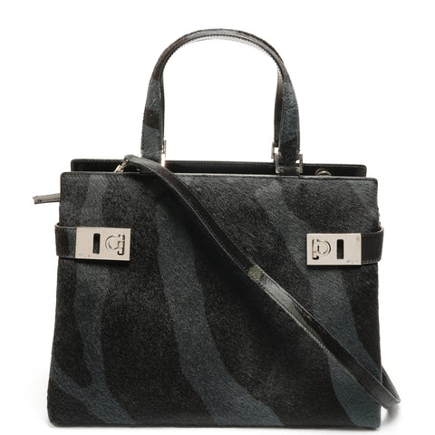 Salvatore Ferragamo Harako Zebra Pattern Gancini Handbag black WS26431
