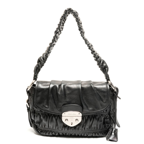 PRADA 纳帕皮褶皱单肩包 黑色 WS26438