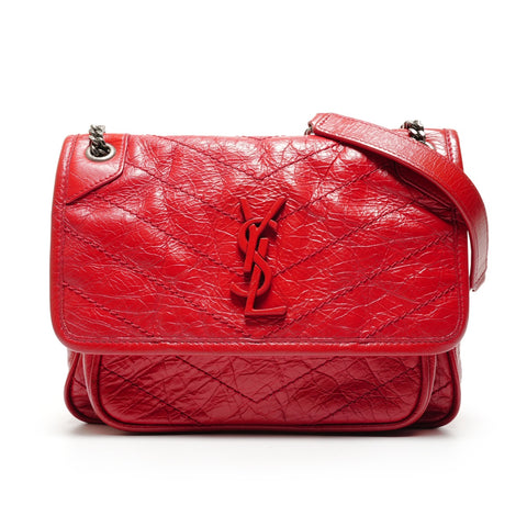 YVES SAINT LAURENT Niki Baby Chain Silver Metal Shoulder Bag Red WS26452