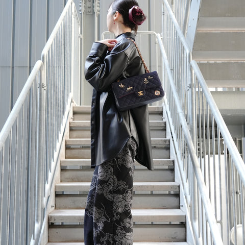 CHANEL No. 26 2018-2019 Paris-Hamburg double flap wool Shoulder Bag Navy WS26477