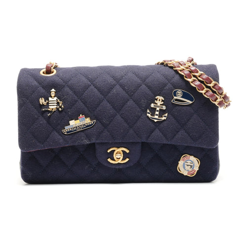 CHANEL No. 26 2018-2019 Paris-Hamburg double flap wool Shoulder Bag Navy WS26477