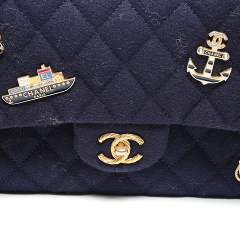 CHANEL No. 26 2018-2019 Paris-Hamburg double flap wool Shoulder Bag Navy WS26477