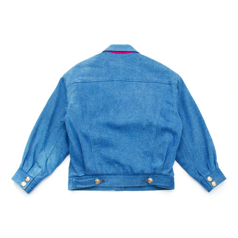 Chanel Coco Mark Button Futter Tweed Denim Jacke Dicke Größe: 38 übergroßer Goldknopf Blau x Pink WS2648