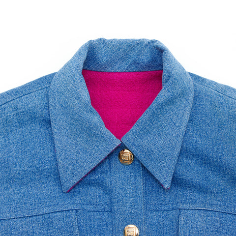 Chanel Coco Mark Button Futter Tweed Denim Jacke Dicke Größe: 38 übergroßer Goldknopf Blau x Pink WS2648