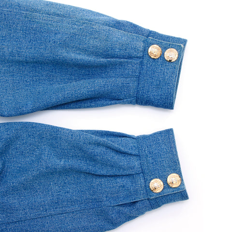 Chanel Coco Mark Button Futter Tweed Denim Jacke Dicke Größe: 38 übergroßer Goldknopf Blau x Pink WS2648