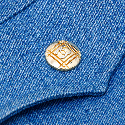 Chanel Coco Mark Button Futter Tweed Denim Jacke Dicke Größe: 38 übergroßer Goldknopf Blau x Pink WS2648