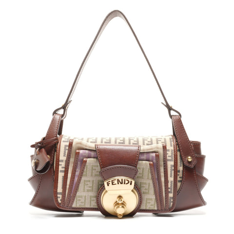 FENDI Zucchino Canvas Shoulder Bag Brown WS26483