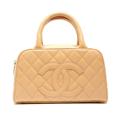 CHANEL No. 8 COCO Mark Caviar Skin 2003-2004 Mini Boston Bag Handbag beige WS26491