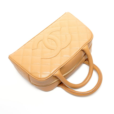 CHANEL No. 8 COCO Mark Caviar Skin 2003-2004 Mini Boston Bag Handbag beige WS26491
