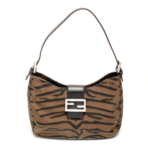 FENDI Zebra Pattern Canvas Mamma Baguette Shoulder Bag Brown WS26496