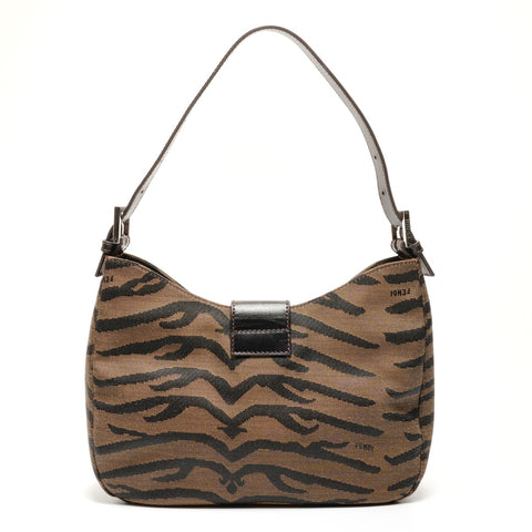 FENDI Zebra Pattern Canvas Mamma Baguette Shoulder Bag Brown WS26496