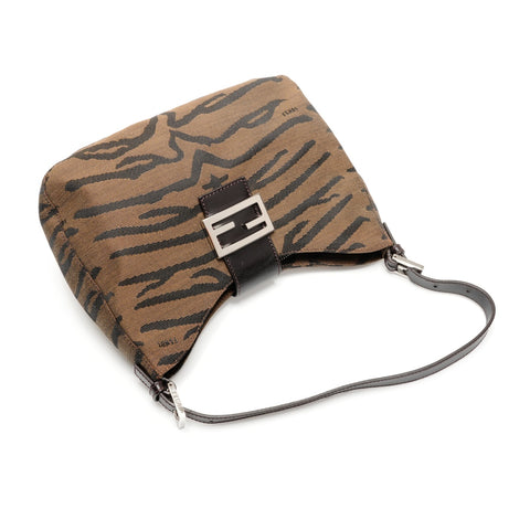 FENDI Zebra Pattern Canvas Mamma Baguette Shoulder Bag Brown WS26496