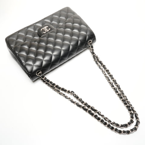 CHANEL No. 18 2013-2014 Lambskin Double Flap Matelasse 11.8" Silver Metal Shoulder Bag black WS26501