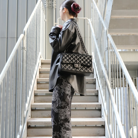 CHANEL No. 18 2013-2014 Lambskin Double Flap Matelasse 11.8" Silver Metal Shoulder Bag black WS26501