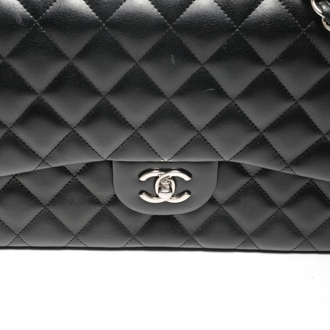 CHANEL No. 18 2013-2014 Lambskin Double Flap Matelasse 11.8" Silver Metal Shoulder Bag black WS26501