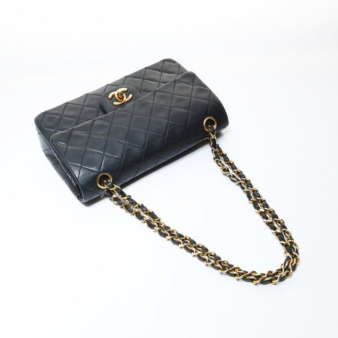 CHANEL 0 Series 1986-1988 Lambskin Mini Matelasse 9.1" Double Flap Shoulder Bag black WS26506