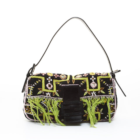 FENDI Beaded Fringe Mamma Bucket Embroidery Shoulder Bag black WS26522