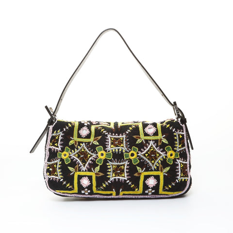 FENDI Beaded Fringe Mamma Bucket Embroidery Shoulder Bag black WS26522
