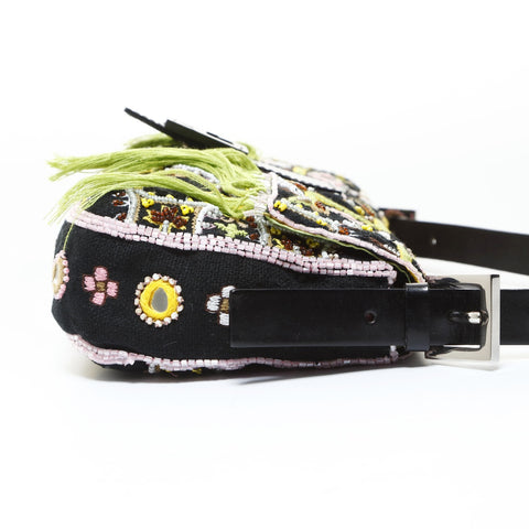 FENDI Beaded Fringe Mamma Bucket Embroidery Shoulder Bag black WS26522