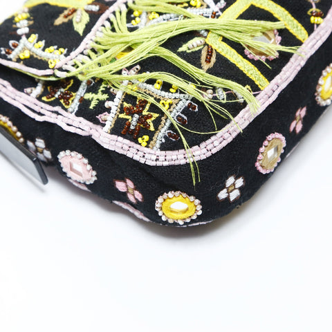 FENDI Beaded Fringe Mamma Bucket Embroidery Shoulder Bag black WS26522