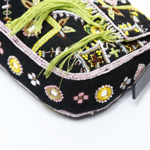 FENDI Beaded Fringe Mamma Bucket Embroidery Shoulder Bag black WS26522