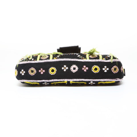 FENDI Beaded Fringe Mamma Bucket Embroidery Shoulder Bag black WS26522