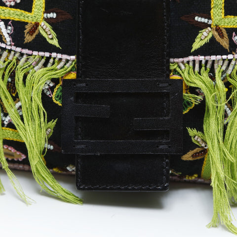 FENDI Beaded Fringe Mamma Bucket Embroidery Shoulder Bag black WS26522