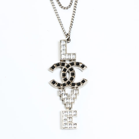 CHANEL COCO Mark Rhinestone Love 2008 08P Necklace Silver WS26557