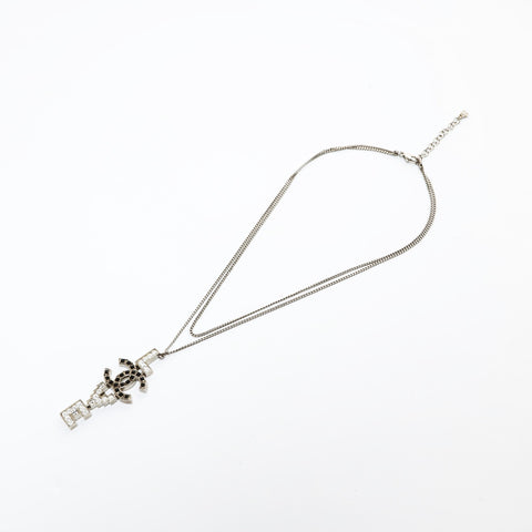 CHANEL COCO Mark Rhinestone Love 2008 08P Necklace Silver WS26557