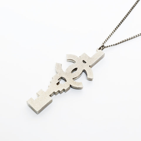 CHANEL COCO Mark Rhinestone Love 2008 08P Necklace Silver WS26557