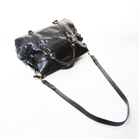 Miu Miu Vitello Shine Ribbon 2way Handbag black WS26588