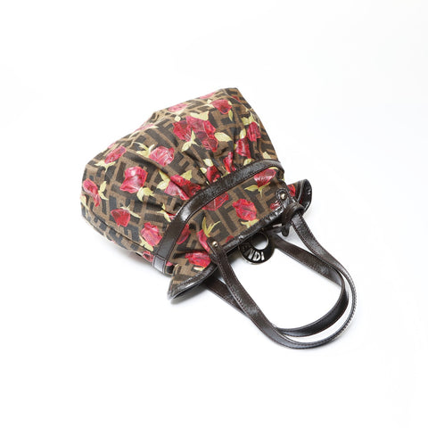 FENDI Zucca Canvas Rose Pattern Handbag Brown WS26608