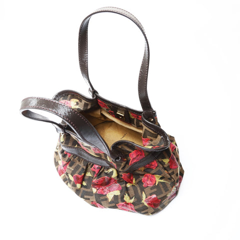 FENDI Zucca Canvas Rose Pattern Handbag Brown WS26608