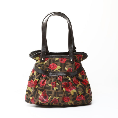 FENDI Zucca Canvas Rose Pattern Handbag Brown WS26608