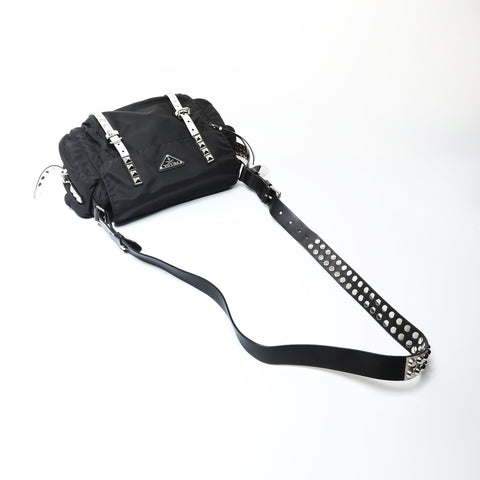 PRADA Studded nylon triangle logo Shoulder Bag black WS26653