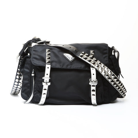 PRADA Studded nylon triangle logo Shoulder Bag black WS26653