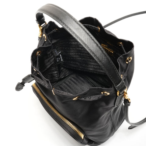 PRADA Duet 2-way nylon bucket bag with triangle logo, 1BH038, drawstring closure Shoulder Bag black WS26693